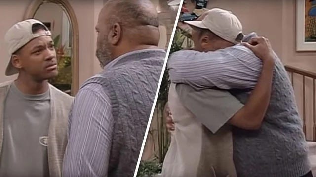 Stills from a scene of The Fresh Prince of Bel Air TV show 1)Will with an angry face at Uncle Phil 2)Will and Uncle Phil hugging